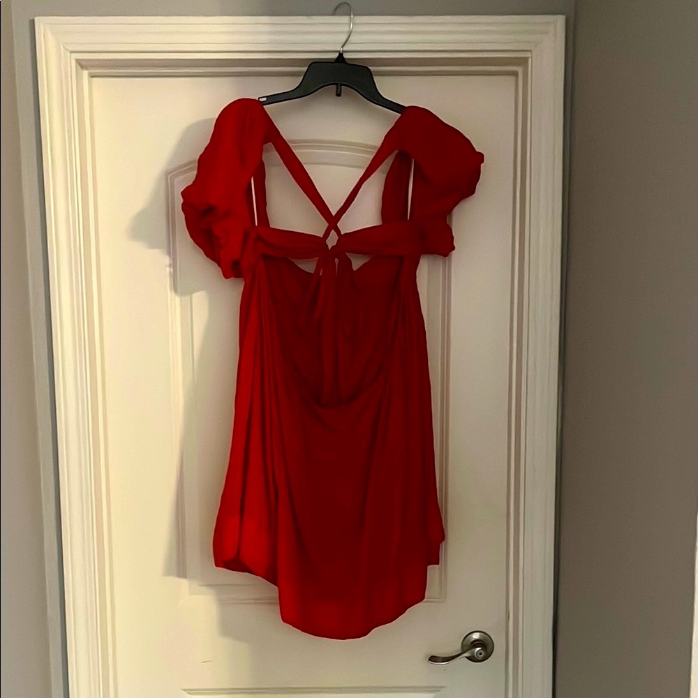 Free People Red Puff Sleeve Dress with beautiful tie strap open back - Picture 4 of 6